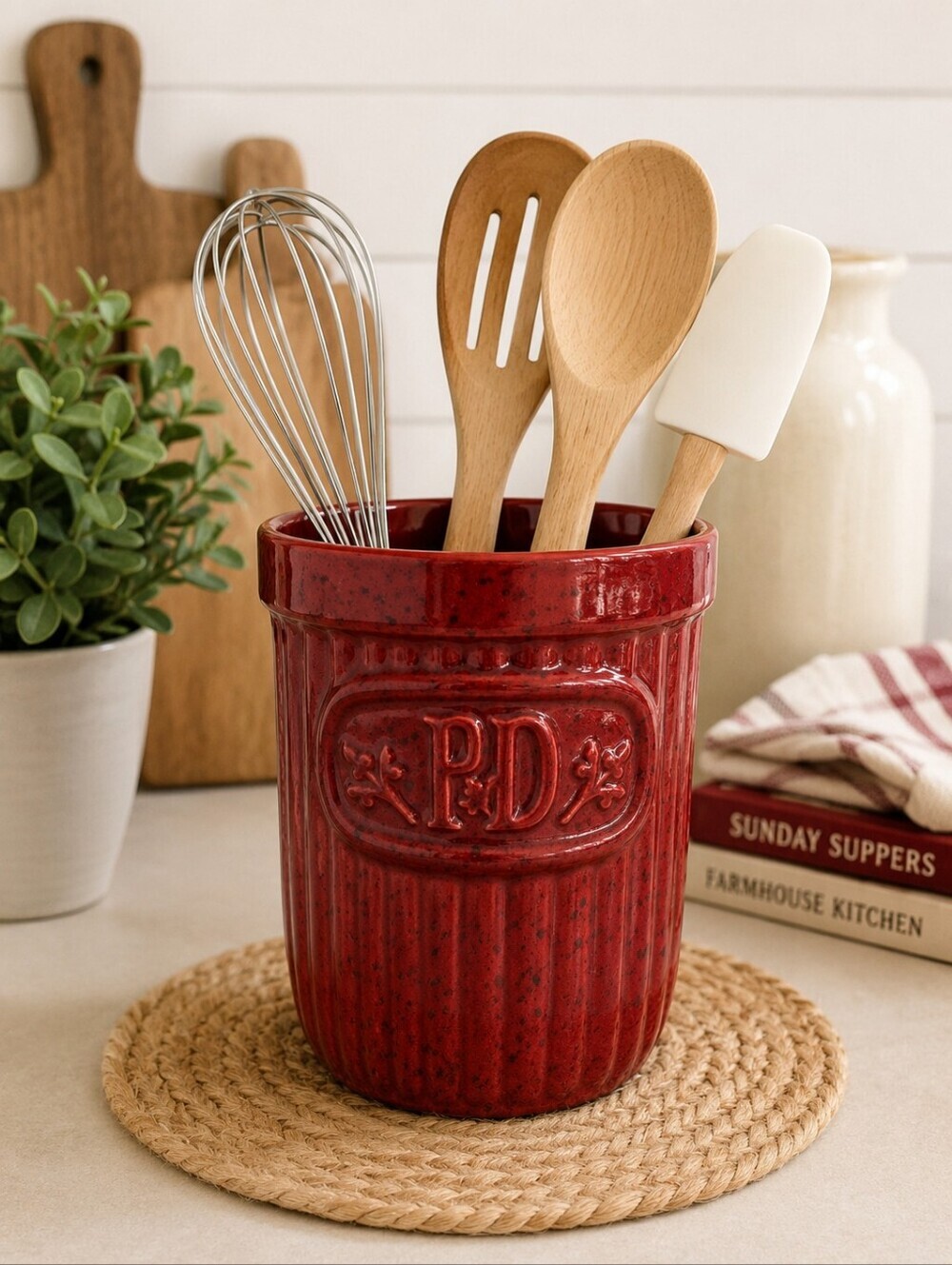 Paula Deen Burgundy Speckled Stoneware Utensil Crock Kitchen Holder 6" Tall